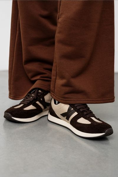 Brown-beige Sneakers in natural split suede and nylon fabric