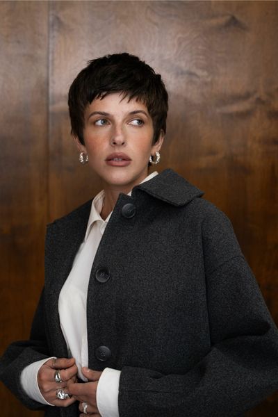Gray cropped cashmere coat