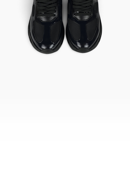 Navy Sneakers in natural patent leather and nylon fabric