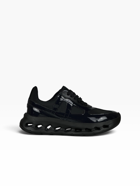 Navy Sneakers in natural patent leather and nylon fabric
