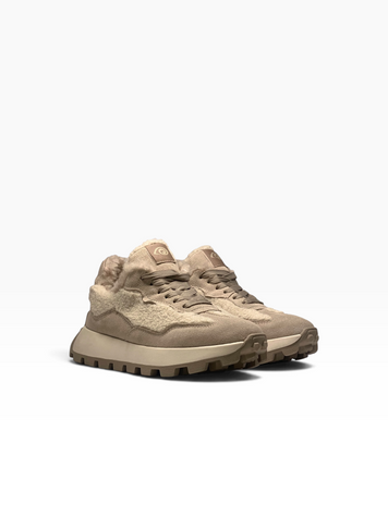 Beige Sneakers in natural split suede and fur for winter