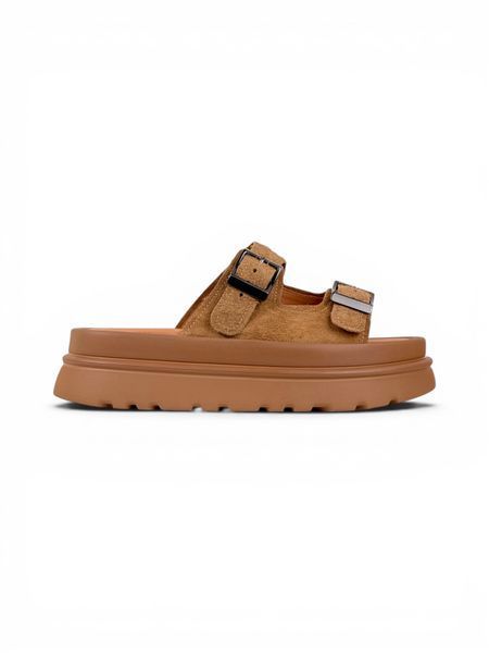 Mustard Slides in natural split suede